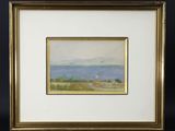 un tableau représentant une vue sur l'océan avec un voilier au loin