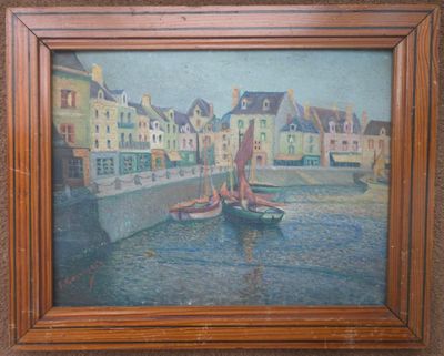 a picture of a painting of a boat in the water