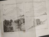 an old book with drawings of mountains and trees on it