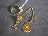 a gold ring and a gold chain with a gold pendant on it