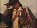 tableau représentant un homme coiffé d'un chapeau et vêtu d'un gilet, assis sur un rocher