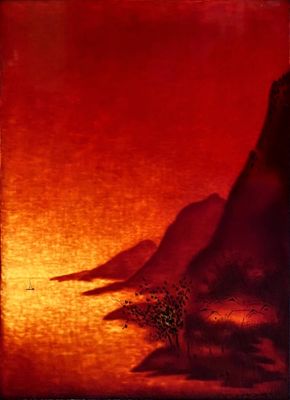 une image représentant un tableau représentant un ciel rouge avec des montagnes en arrière-plan