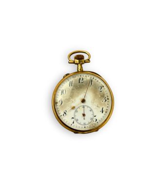 a gold pocket watch with roman numerals on the face