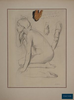 drawing of a nude woman sitting on the ground with a bird flying over her head