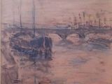 drawing of a painting of boats in a harbor with a bridge in the background