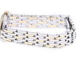a close up of a silver and gold watch bracelet on a white background