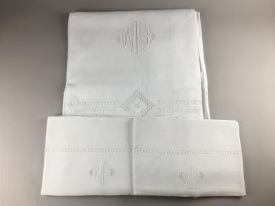 un gros plan sur un drap blanc plié, orné d'un motif
