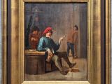 painting of a man sitting at a desk in a room with other people
