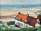 an oil painting of a house on the beach with a view of the ocean