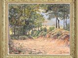 a painting of a dirt road with trees in the background