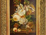 an oil painting of flowers in a vase on a table