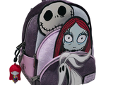 the backpack is purple and has a picture of jack and sally on it