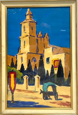 un tableau représentant un cheval et une calèche devant une église