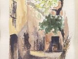 une aquarelle représentant une scène de rue avec un arbre