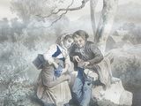 a painting of a man and two children sitting on a rock