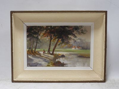 framed picture of a painting of a river with trees in the background