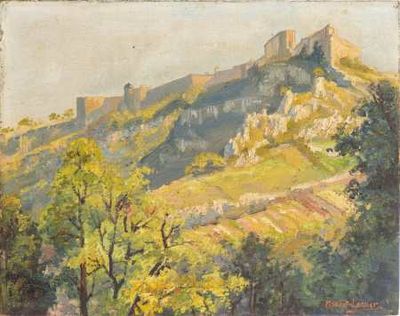 painting of a castle on a hill with trees in the foreground