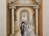 painting of a couple standing in front of a building with a clock on the wall