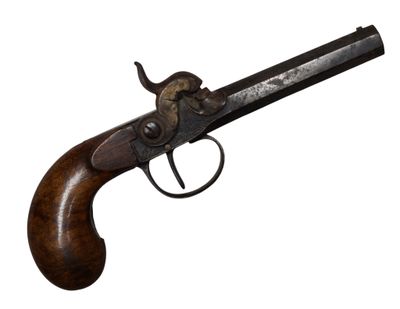 gros plan d'un pistolet avec une poignée en bois sur fond blanc