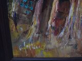 a painting of a group of people walking in the rain