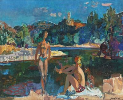 une peinture à l'huile représentant deux personnes sur une plage près d'un plan d'eau