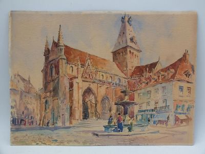 un tableau représentant un bâtiment surmonté d'une tour horloge