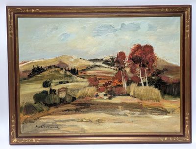 an oil painting of a landscape with trees in the foreground