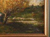 a painting of a man standing in a field with a flock of sheep