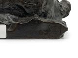 bronze statue of a dog on a rock on a white background