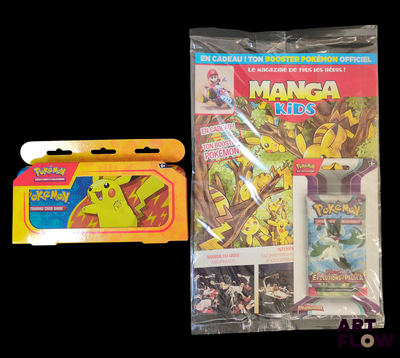 une photo d'une boîte de cartes Pokémon et d'une boîte de crayons