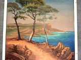 tableau représentant un tableau d'une plage avec des arbres sur le rivage