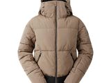the jacket is tan and black with a hood on it