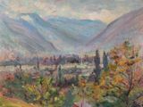 l'image d'un tableau représentant un paysage avec des montagnes en arrière-plan