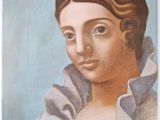 painting of a woman with a frillying collar in a blue dress