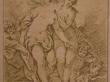 un vieux dessin représentant un homme et une femme dans un paysage