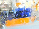 painting of a boat in a body of water with orange and blue colors