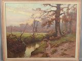 une peinture à l'huile représentant un paysage avec des arbres et un ruisseau