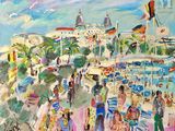 un tableau représentant des personnes marchant sur la plage près de l'eau