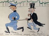a drawing of a man pulling another man on a rope