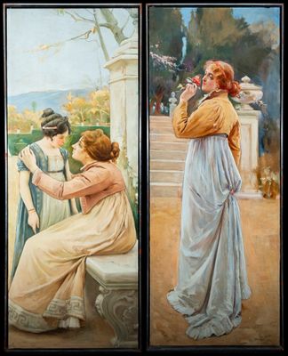 painting of two women sitting on a bench in front of a building