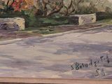 a painting of a street with trees and bushes in the background