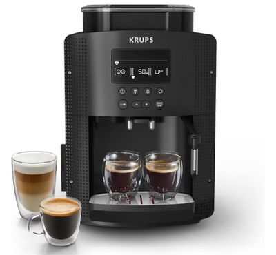 a coffee machine with two cups of coffee next to it
