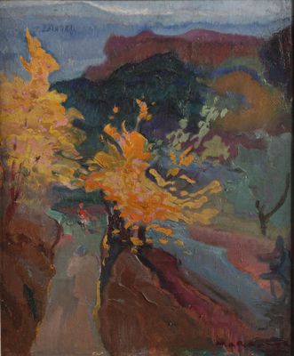 une peinture à l'huile représentant un arbre dans un vase posé sur une table