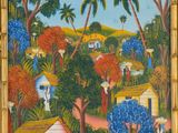 un tableau représentant un village tropical avec des palmiers et des maisons
