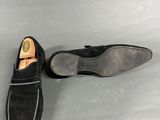 men ' s black sued slippers with zippers on the sole