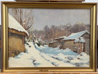 an image of a painting of a snow covered village in a frame