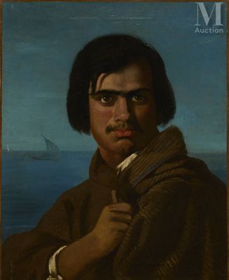 portrait d'un homme vêtu d'un manteau marron, avec un voilier en arrière-plan
