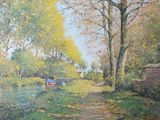 a painting of a boat on the water in the woods