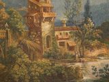 a painting of a building in the middle of a river