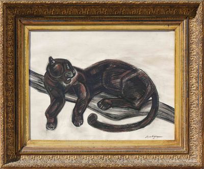 painting of a black cat resting on a branch in a gold frame